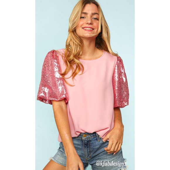 Tops - LAST 1! Bubble Gum Pink Puff Sequined Sleeve (Lined Sleeve) Top!